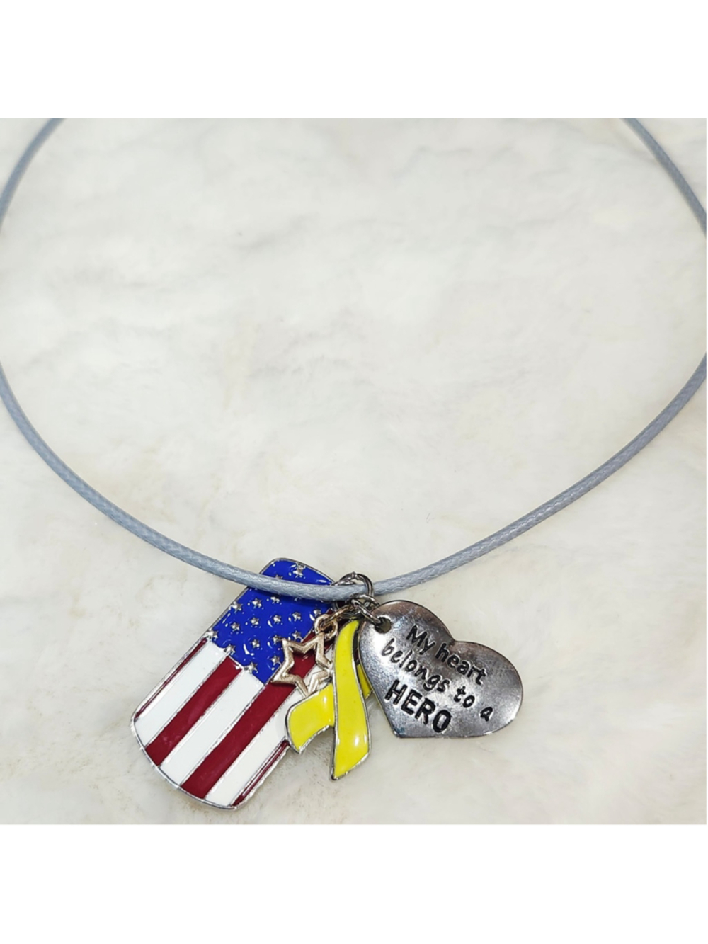 Military Necklace American flag Yellow Ribbon, My heart belongs to a hero heart
